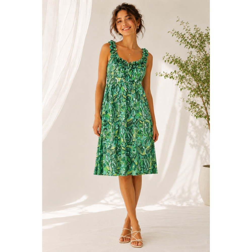 VTG Y2K Maggy L Womens Dress 8 Blue Green Paisley Babydoll Ruffle Sundress Beach